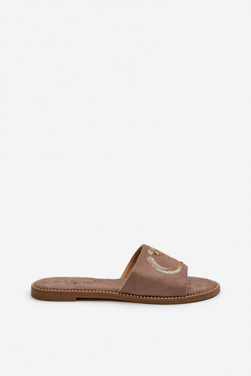 Moteriškas butas Šlepetės su blizgančiais žvyneliais S.Barski KV27-052 rudos spalvos Moteriškas butas Šlepetės su blizgančiais žvyneliais S.Barski KV27-052 rudos spalvos