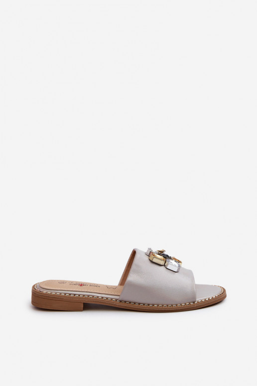 Moteriškos šlepetės su gražiomis detalėmis S.Barski KV27-031 smėlio spalvos