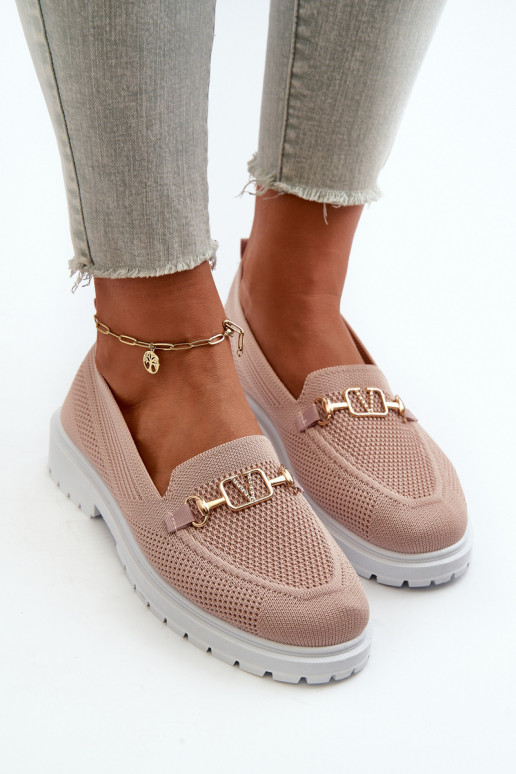 Moteriškos Mokasinai su plačiais kulniukais Ze aukso spalvosm Detalem rožinės spalvos Limentia