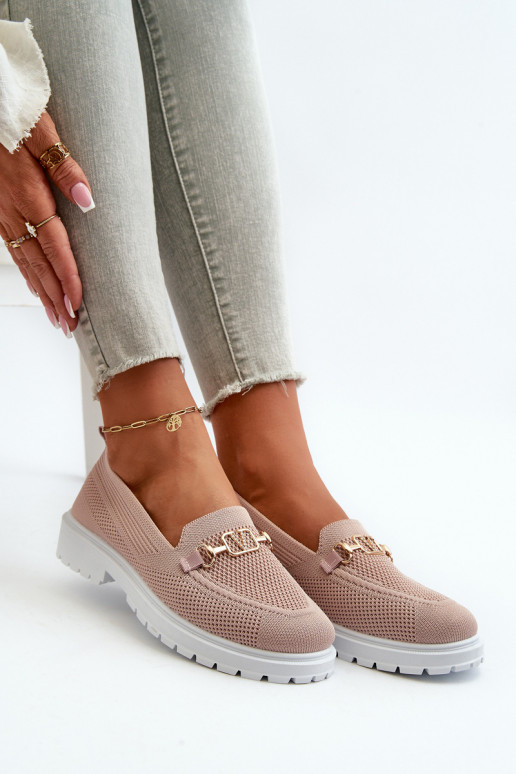 Moteriškos Mokasinai su plačiais kulniukais Ze aukso spalvosm Detalem rožinės spalvos Limentia