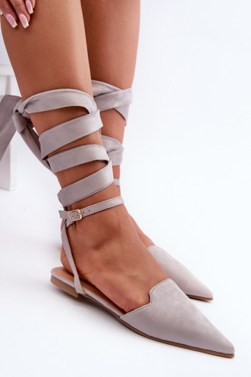 balerinos su kaspinėliais iš eko zomšosoĮe Z Noskami smailiomis nosytėmis pilkos spalvos Ellesara