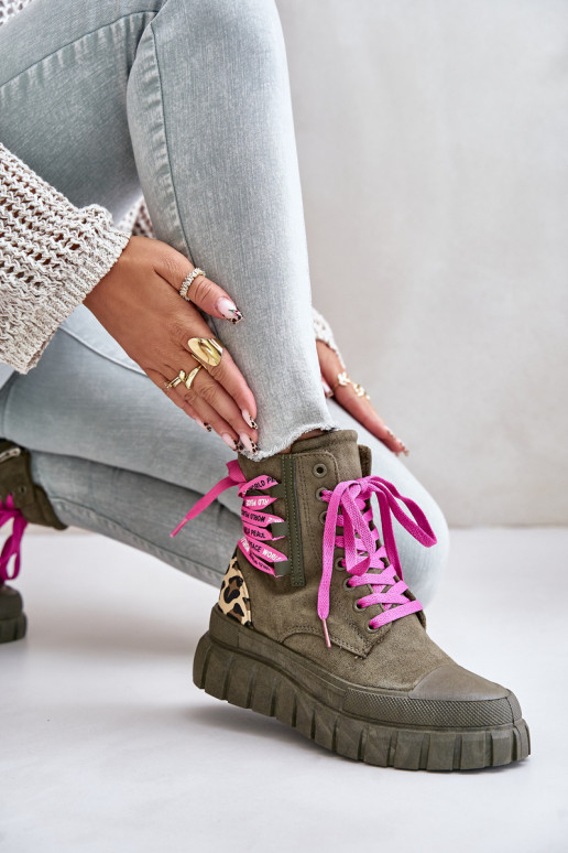 Moteriški aulinukai su platforma Su puošniais Suvarstymasm su leopardo kailio raštais žalios spalvos Edidda Moteriški aulinukai su platforma Su puošniais Suvarstymasm su leopardo kailio raštais žalios spalvos Edidda