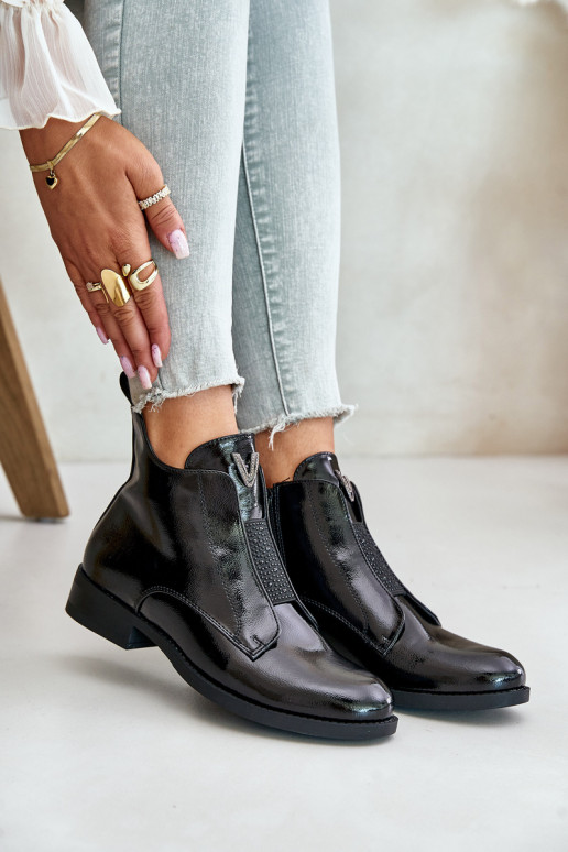 su lako efektu žemakulniai batai moterims su plačiais kulniukais pašiltinti juodos spalvos S.Barski HY42-120 juodos spalvos