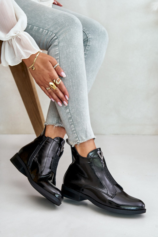 su lako efektu žemakulniai batai moterims su plačiais kulniukais pašiltinti juodos spalvos S.Barski HY42-120 juodos spalvos