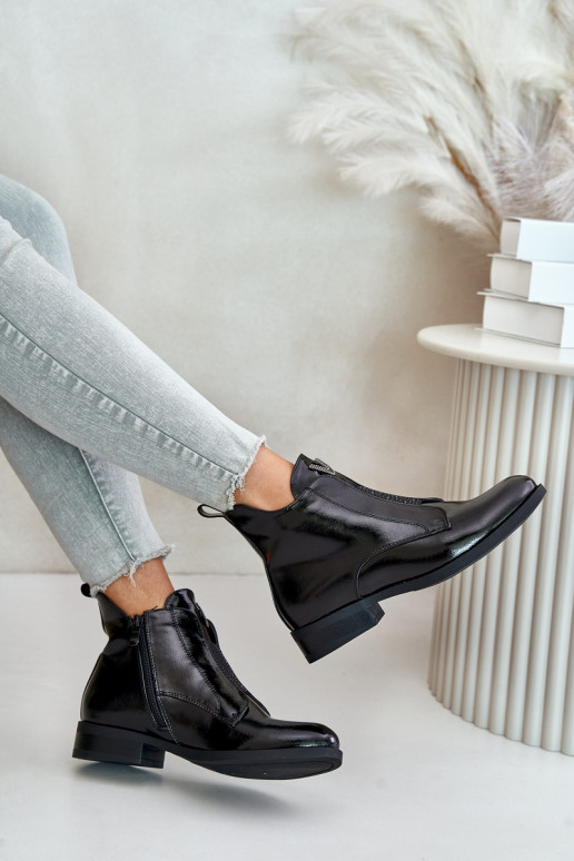 su lako efektu žemakulniai batai moterims su plačiais kulniukais pašiltinti juodos spalvos S.Barski HY42-120 juodos spalvos