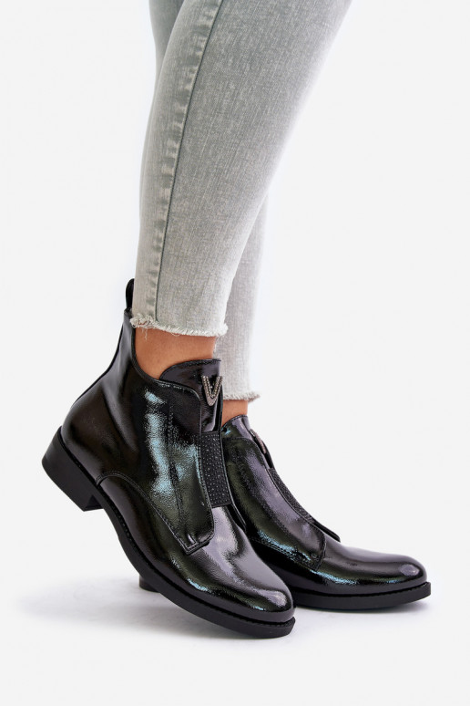 su lako efektu žemakulniai batai moterims su plačiais kulniukais pašiltinti juodos spalvos S.Barski HY42-120 juodos spalvos