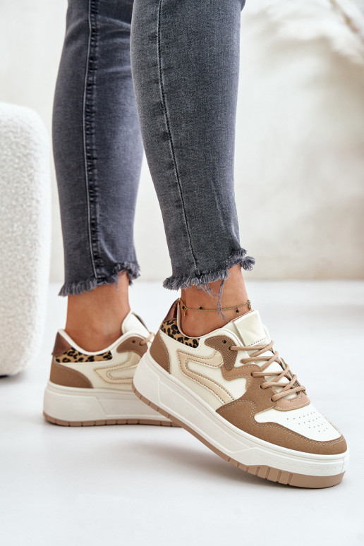 Moteriškas Sneakers modelio batai iš eko odos su platforma su leopardo kailio raštais smėlio spalvos Henizore Moteriškas Sneakers modelio batai iš eko odos su platforma su leopardo kailio raštais smėlio spalvos Henizore