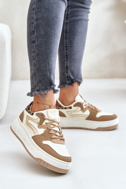 Moteriškas Sneakers modelio batai iš eko odos su platforma su leopardo kailio raštais smėlio spalvos Henizore Moteriškas Sneakers modelio batai iš eko odos su platforma su leopardo kailio raštais smėlio spalvos Henizore