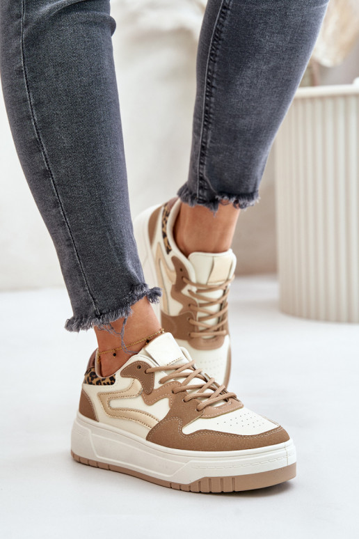 Moteriškas Sneakers modelio batai iš eko odos su platforma su leopardo kailio raštais smėlio spalvos Henizore Moteriškas Sneakers modelio batai iš eko odos su platforma su leopardo kailio raštais smėlio spalvos Henizore