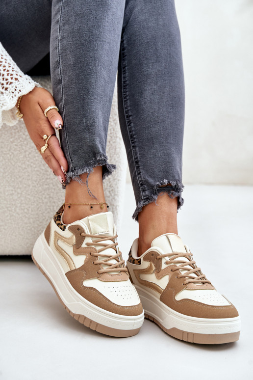 Moteriškas Sneakers modelio batai iš eko odos su platforma su leopardo kailio raštais smėlio spalvos Henizore Moteriškas Sneakers modelio batai iš eko odos su platforma su leopardo kailio raštais smėlio spalvos Henizore