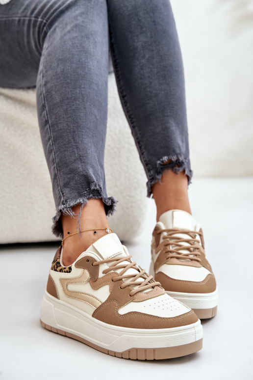 Moteriškas Sneakers modelio batai iš eko odos su platforma su leopardo kailio raštais smėlio spalvos Henizore Moteriškas Sneakers modelio batai iš eko odos su platforma su leopardo kailio raštais smėlio spalvos Henizore