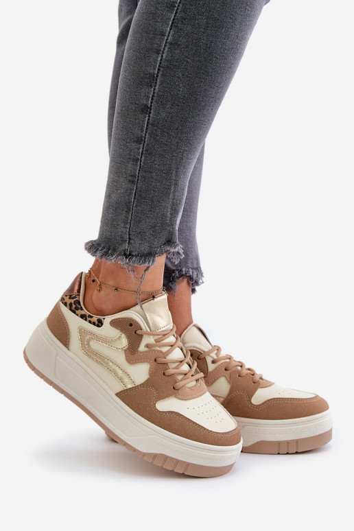 Moteriškas Sneakers modelio batai iš eko odos su platforma su leopardo kailio raštais smėlio spalvos Henizore Moteriškas Sneakers modelio batai iš eko odos su platforma su leopardo kailio raštais smėlio spalvos Henizore