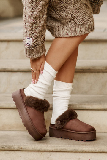 Šlepetės Moteriškas su platforma su kailiuku rudos spalvos Linaris