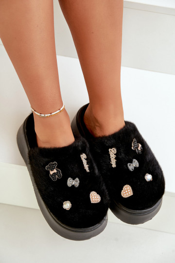 su kailiuku Šlepetės Moteriškas Ant storo pado Z Przypinkami juodos spalvos Zintoria