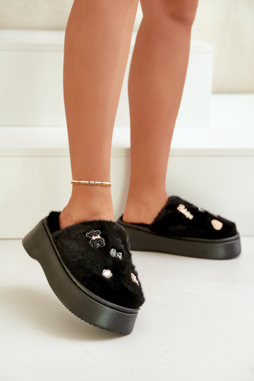 su kailiuku Šlepetės Moteriškas Ant storo pado Z Przypinkami juodos spalvos Zintoria 2