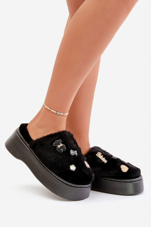 su kailiuku Šlepetės Moteriškas Ant storo pado Z Przypinkami juodos spalvos Zintoria