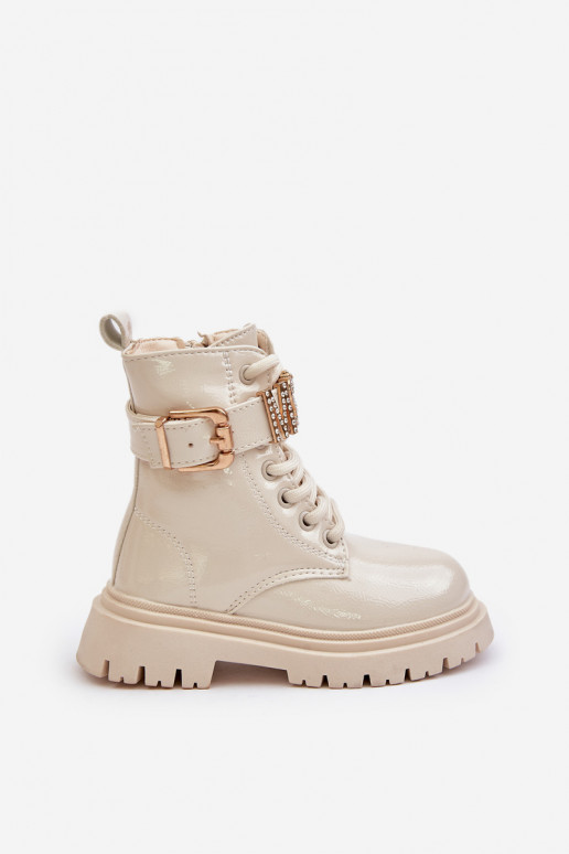 Aulinukai Vaikiški su lako efektu pašiltinti su dekoruotais kulnais smėlio spalvos Gilian Aulinukai Vaikiški su lako efektu pašiltinti su dekoruotais kulnais smėlio spalvos Gilian