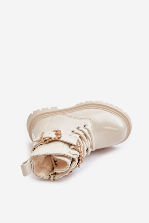 Aulinukai Vaikiški su lako efektu pašiltinti su dekoruotais kulnais smėlio spalvos Gilian Aulinukai Vaikiški su lako efektu pašiltinti su dekoruotais kulnais smėlio spalvos Gilian