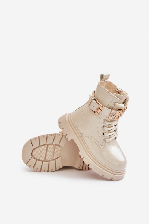 Aulinukai Vaikiški su lako efektu pašiltinti su dekoruotais kulnais smėlio spalvos Gilian Aulinukai Vaikiški su lako efektu pašiltinti su dekoruotais kulnais smėlio spalvos Gilian