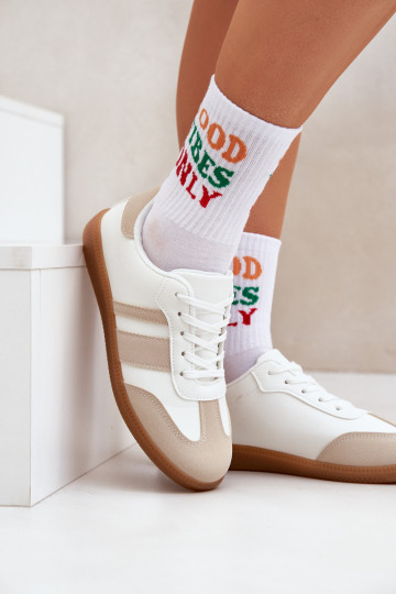 Žemas Sneakers modelio batai Moteriškas iš eko odos smėlio spalvos-baltos spalvos Nonalorin 2