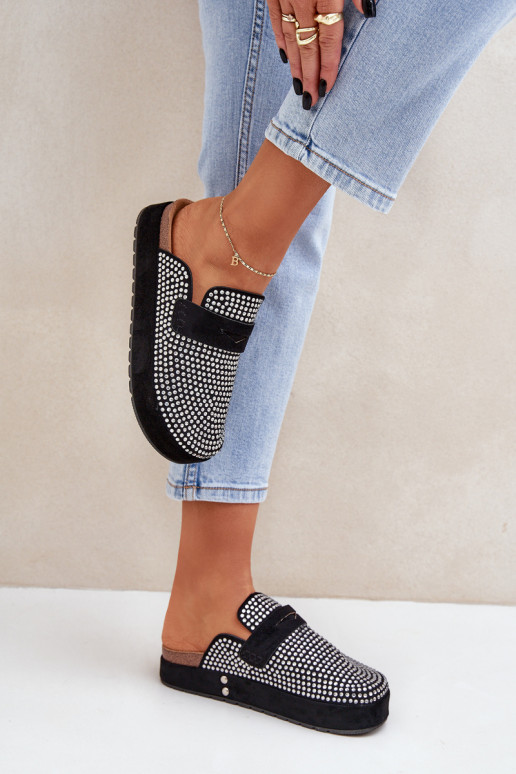 Moteriškos šlepetės Dekoruotos Cyrkoniami su platforma juodos spalvos Deorani