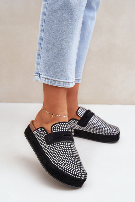 Moteriškos šlepetės Dekoruotos Cyrkoniami su platforma juodos spalvos Deorani