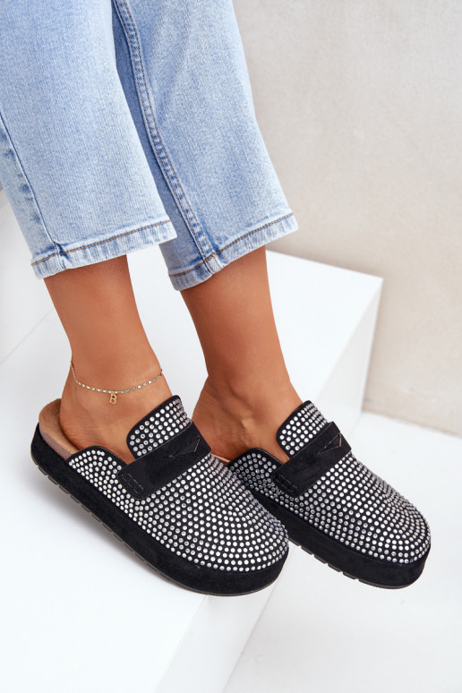 Moteriškos šlepetės Dekoruotos Cyrkoniami su platforma juodos spalvos Deorani