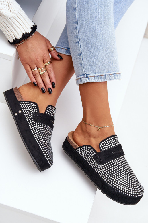 Moteriškos šlepetės Dekoruotos Cyrkoniami su platforma juodos spalvos Deorani