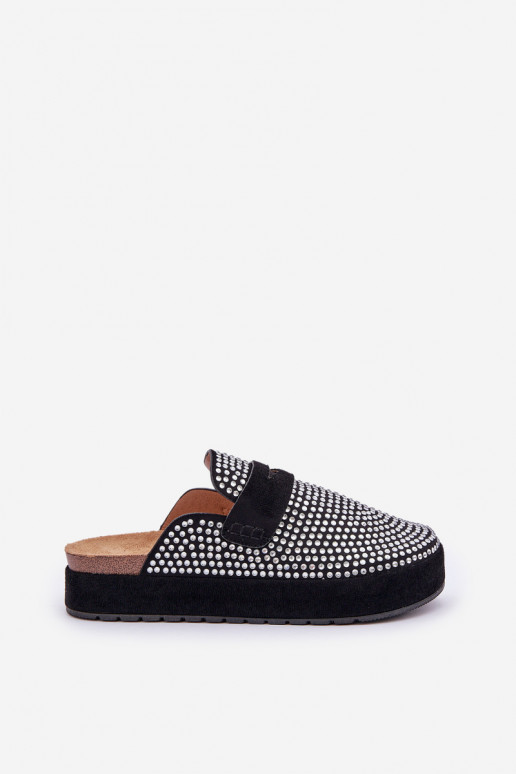 Moteriškos šlepetės Dekoruotos Cyrkoniami su platforma juodos spalvos Deorani