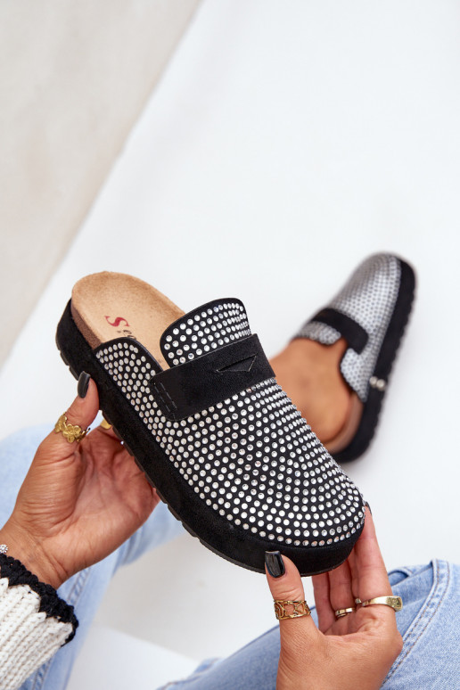 Moteriškos šlepetės Dekoruotos Cyrkoniami su platforma juodos spalvos Deorani