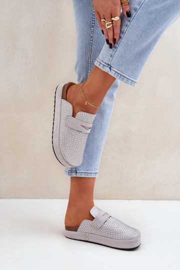 Moteriškos šlepetės Dekoruotos Cyrkoniami su platforma pilkos spalvos Deorani 2