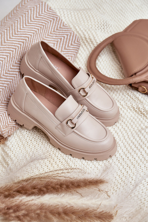 Klasikinio modelio moteriški mokasinai iš eko odos smėlio spalvos Savethira Klasikinio modelio moteriški mokasinai iš eko odos smėlio spalvos Savethira