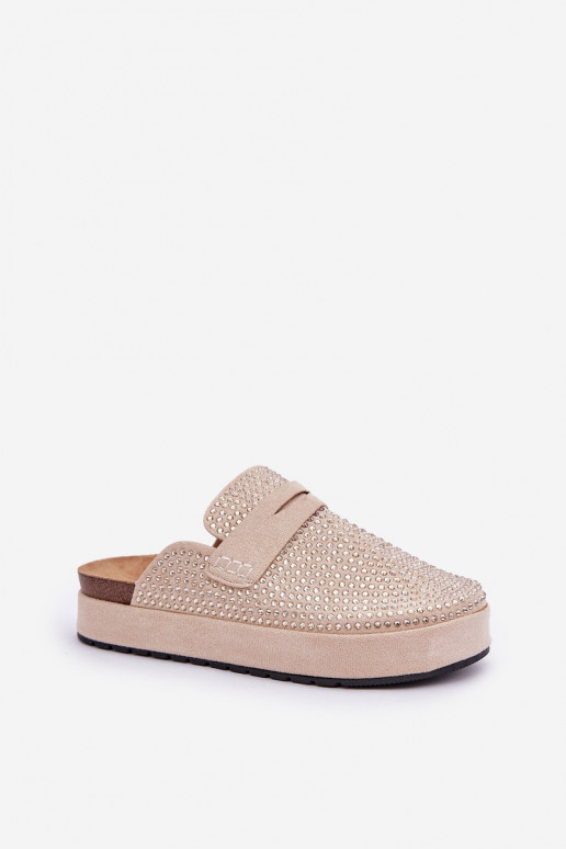 Moteriškos šlepetės Dekoruotos Cyrkoniami su platforma smėlio spalvos Deorani