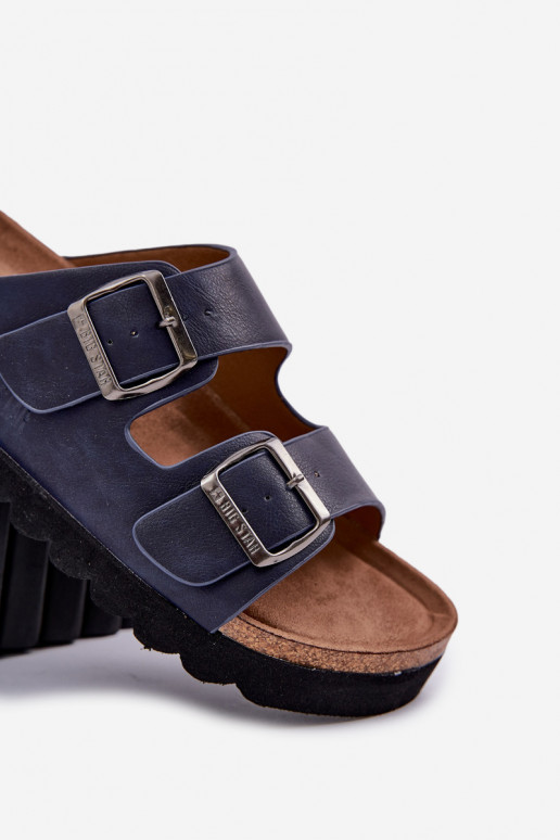 Lengvos vyriškos šlepetės su sagtimis iš eko odos Big Star NN174530 tamsiai mėlynos spalvos