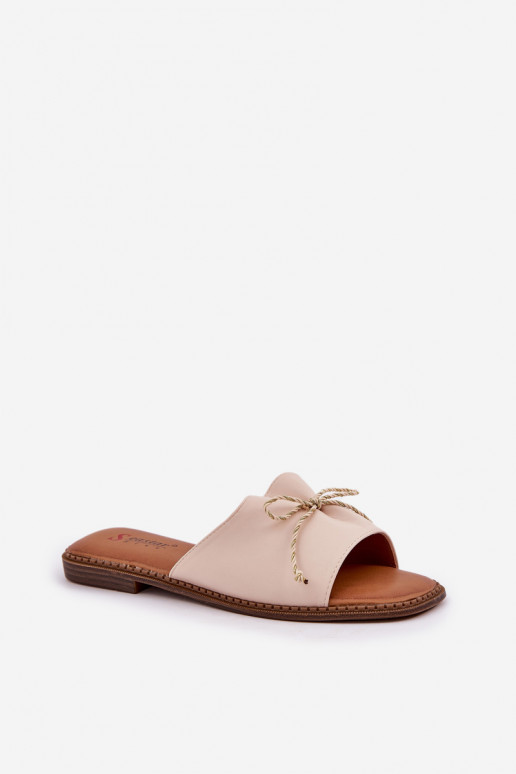 Šlepetės Ant plokščio pado dekoruoti Kokardką smėlio spalvos Deonelis