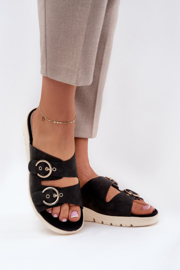  Moteriškos šlepetės Ant pleišto su sagtimis juodos spalvos Hellexia 2