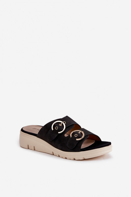  Moteriškos šlepetės Ant pleišto su sagtimis juodos spalvos Hellexia