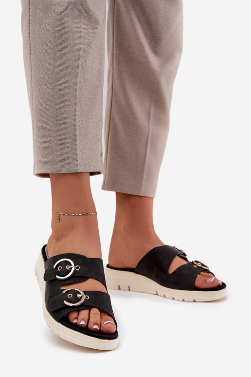  Moteriškos šlepetės Ant pleišto su sagtimis juodos spalvos Hellexia