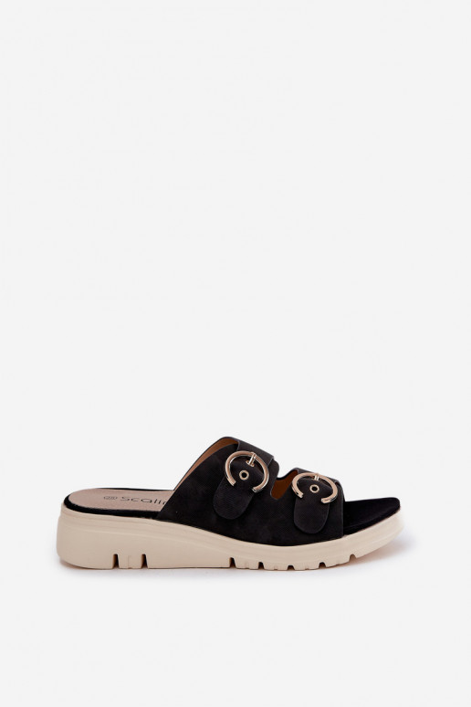  Moteriškos šlepetės Ant pleišto su sagtimis juodos spalvos Hellexia