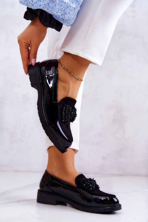 Elegantiško stiliaus Lakuoti mokasinai Loaferiai juodos spalvos Belize