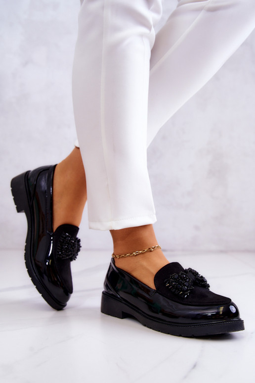 Elegantiško stiliaus Lakuoti mokasinai Loaferiai juodos spalvos Belize