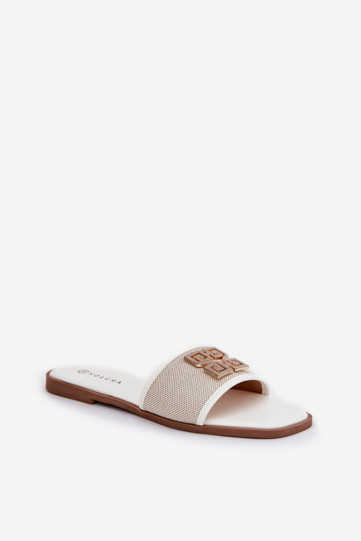 Elegantiško stiliaus Moteriškos šlepetės su ornamentais su plačiais kulniukais baltos spalvos Lovehia