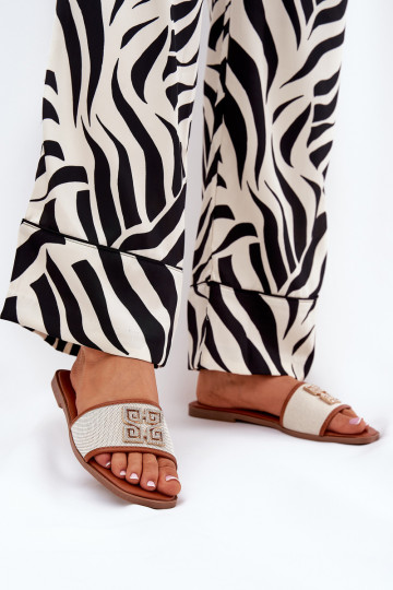 Elegantiško stiliaus Moteriškos šlepetės su ornamentais su plačiais kulniukais rudos spalvos Lovehia