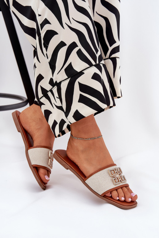 Elegantiško stiliaus Moteriškos šlepetės su ornamentais su plačiais kulniukais rudos spalvos Lovehia