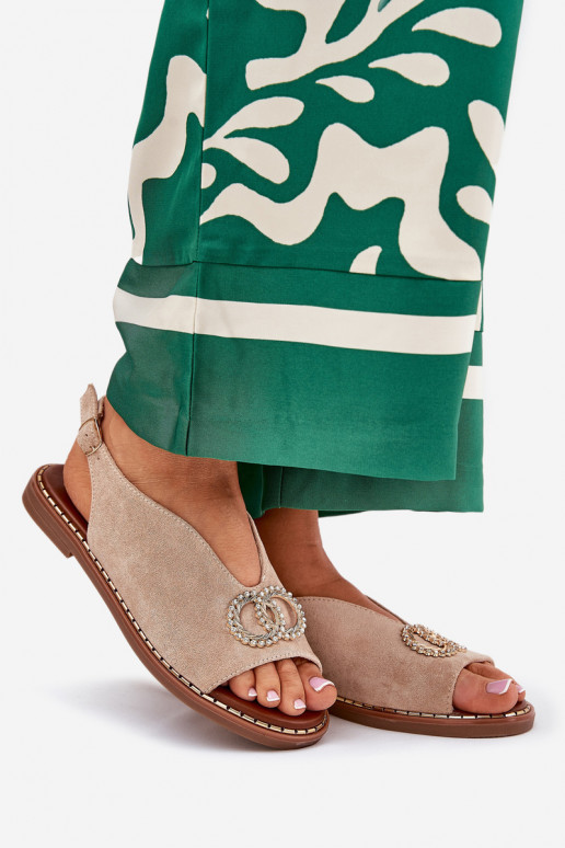 Moteriškos basutės su ornamentais su plačiais kulniukais iš eko zomšosoĮe smėlio spalvos Ralisses