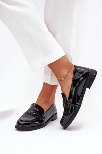 Elegantiško stiliaus Lakuoti mokasinai Moteriškas Z Įjungtaturalnej Skóry Vinceza 18100 juodos spalvos