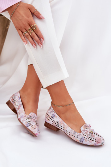 Ažūrinės balerinos su kaspinais su gėlytėmis iš eko zomšosoĮe įvairių spalvų Amepitrea