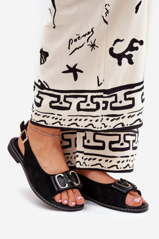 Lygiapadės basutės su ornamentais iš eko zomšosoĮe juodos spalvos Lilria