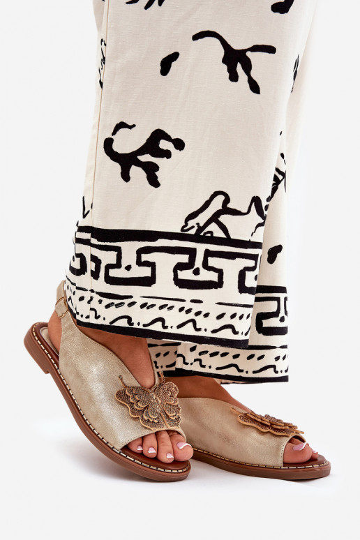 Moteriškos basutės su plačiais kulniukais su ornamentais aukso spalvos Setorina