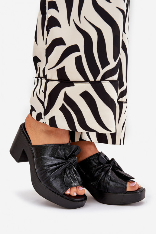 Moteriškos šlepetės su kulniukais iš eko odos juodos spalvos Kikilla